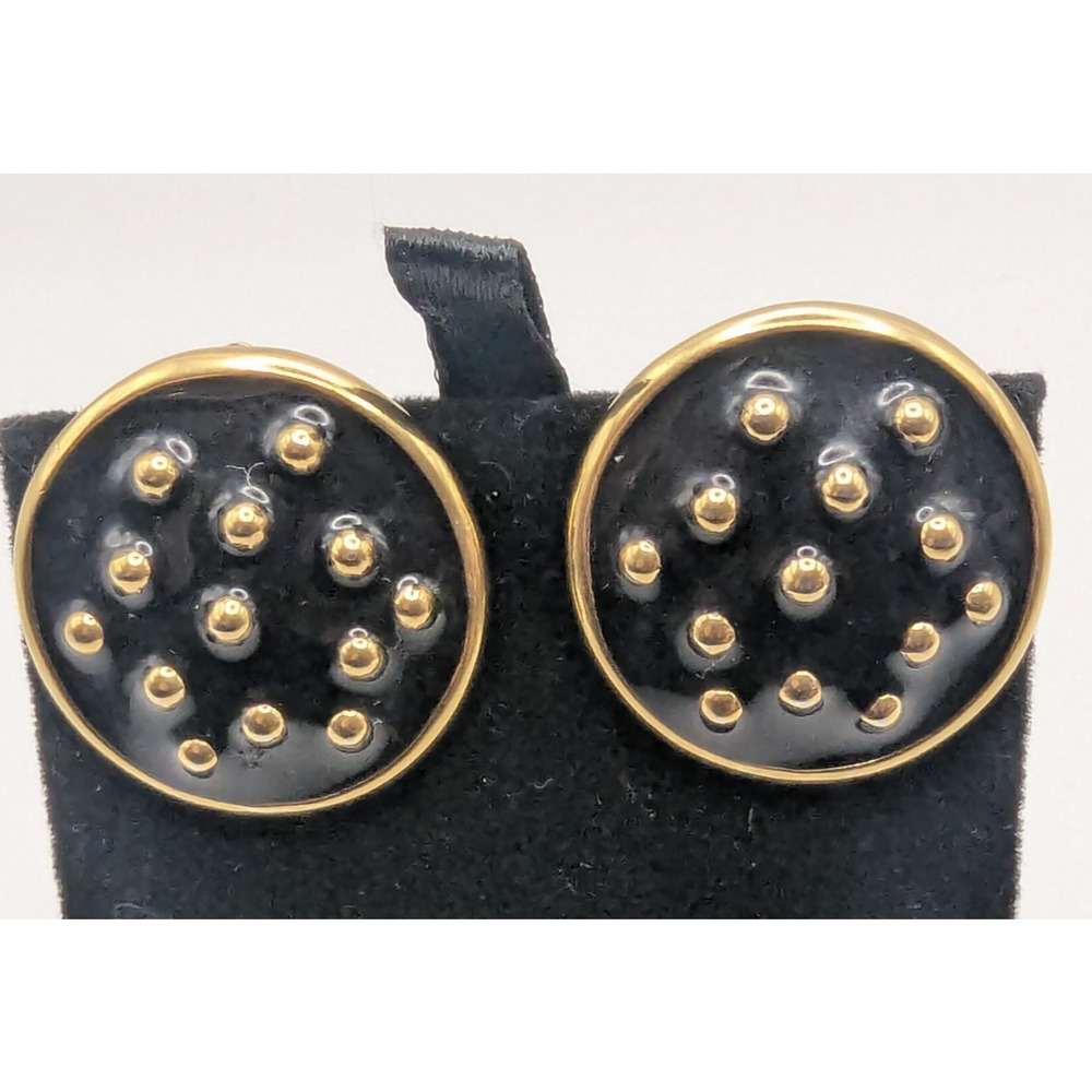 Vintage AFJ Black Enamel Gold Tone Stud Round Button Clip On Earrings Statement